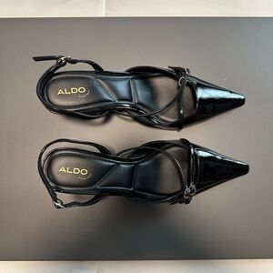 Aldo Glossy Black Pointed Slingback Heels